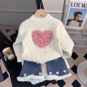 Heart Motif Knit Sweater and Denim Set
