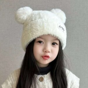 Fuzzy White Bear Ear Winter Hat